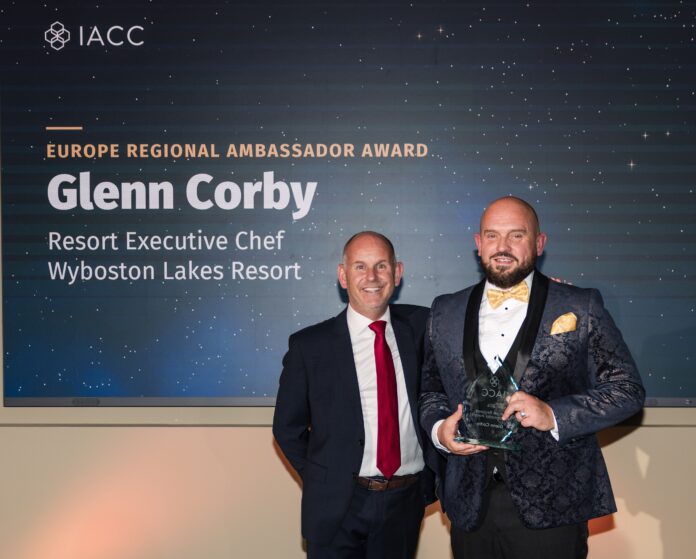 Glenn Corby of Wyboston Lakes Resort (right) receives IACC European Ambassador Award from Mark Cooper IACC CEO Oct 2026 (1)